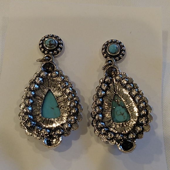 Turquoise Silver Drop Earrings Boho Gypsy Cowgirl Southwest Rustic Style - Picture 4 of 4